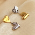 Two-tone heart drop earrings with hammered and polished textures in gold and silver finish - Two-tone Double Heart Drop Earrings
