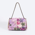 Beige shoulder bag with colorful floral sequin embroidery and gold metal chain strap - Purple