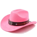 Detailed view of pink western cowboy hat with brown leather band and bull head buckle - Magenta