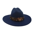 Cappello fedora in lana blu scuro a tesa larga con cinturino in pelle e fibbia a cuore - Blu navy