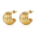 Boucles d'oreilles créoles C en acier inoxydable doré 18K avec texture martelée chic - Doré
