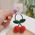 Handmade crochet cherry hair tie with red berries and green leaves on black elastic band - Elastic Hair Rope / Cherry Black Hair Rope