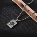 Detail of silver box chain necklace with rectangle pendant featuring a green stone character - XL02 / Chinese 'Fa' Character / Silver