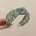 Pink and green floral embroidered mesh headband featuring a wide knotted design - Embroidered Knotted Green Headband