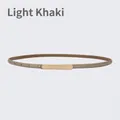 Minimalist light khaki leather skinny belt with polished rectangular gold metal buckle - 105cm / Light Khaki