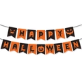 Klassische Happy Halloween Banner mit Kürbis- und Spinnennetz-Motiven auf weißem Grund - Halloween Schwarz & Orange Kürbis Banner