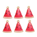 Detail of six watermelon slice charms with red enamel and gold-plated hanging loops - Half Watermelon
