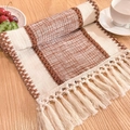 Bohemian style beige and brown striped cotton linen table runner with handmade tassels - Wide Stripe Red - Knotted Tassels / 30*50cm
