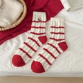 Calze termiche spesse a righe rosse e bianche con ricamo a orsetto e fodera in pile calda - Taglia unica / Orso di Natale