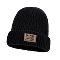 Thick black knit beanie with cable pattern and vintage leather label for winter warmth - Black