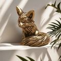 Goldene sitzende Fuchs-Figur mit filigraner Schnitztextur auf minimalistischem Sockel - Sitzender Fuchs / Bronzegold