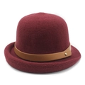 Burgundy knitted bucket hat with vintage brown leather strap and gold metal buckle - Burgundy / M (56-58cm)
