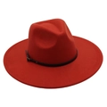 Detail of red wool fedora hat featuring a slim black leather decorative belt and buckle - Rust Red (Belt Style)