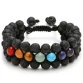 Close-up of dual-layer braided lava stone bracelet featuring seven chakra healing beads - Colorful Tiger Eye 3-Layer Bracelet