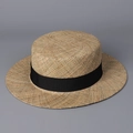 Classic straw boater hat with black grosgrain ribbon for summer beach sun protection - M (56-58cm) / Natural with Black Ribbon