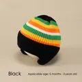 Black knit baby dinosaur hat with colorful stripes and ear protection for ages 5M-3Y - One Size / Rainbow Hat / Black