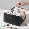 Black vertical stripe pillow cosmetic bag with double metal zippers and internal elastic slots - Black