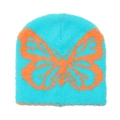 Berretto in maglia blu peloso con un grande motivo jacquard a farfalla arancione - M(56-58cm) / Blu lago