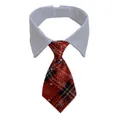 Adjustable pet collar with white shirt lapel and red plaid tie featuring snowflake pattern - Red Plaid White Snowflake (CW 22)