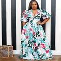 Maxi floral print dress in white and pink with V-neck and puff sleeves for beach wear - S / Sky Blue