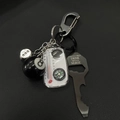 Detail of 8-ball keychain set featuring a bottle opener and mini functional tools - Black Key Opener Set (With Eight Ball + Dice + Compass)