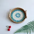 Handwoven rattan round tray with blue shell inlay flower pattern and wood handles, 22cm size - Blue Heart / Small 22x3cm
