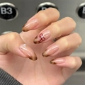 Uñas postizas de leopardo francés con lazos rojos, perlas y puntas de carey ámbar - Estilo de Perla de Lazo Rojo de Carey Francés (GN048) / 30 Piezas/Caja