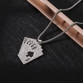 Macro detail of silver royal flush poker pendant with sparkling zircon inlays and box chain - XL18 / Royal Flush Poker / Silver Red