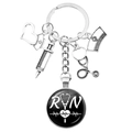 Nurse medical keychain with stethoscope, syringe and RN heart pendant in silver tone - Registered Nurse RN Black