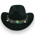 Black wool felt western cowboy hat with bohemian turquoise and silver coin band - One Size / Black With Tassel Turquoise Accessory