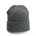 Macro detail of dark grey rib-knit beanie showing texture and thick folded cuff - One Size / Elastic / Dark Gray
