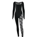 Slim fit black long sleeve romper with side lace paneling and square neck design - S / Standard / Black