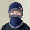Navy blue winter knitted beanie and neck warmer set with thick grey fleece lining - Kids Style (Hat And Neck Warmer) / Navy Blue