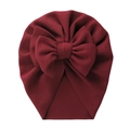Burgundy ribbed knit baby turban hat featuring a large decorative bow for infants - Burgundy