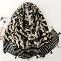 Linen-feel cotton scarf with abstract leaf prints and tassels on white background - Black Cream Abstract Leaf Texture (SL2502-010)