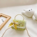 Light green tweed girls handbag with pearl handle and yellow plaid bow accent - Plaid Green