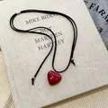 Retro red heart pendant necklace with black adjustable cord and metallic details - 37# Necklace - Red