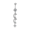 Detailed macro view of heart-shaped belly ring with moon and star zircon pendant - Pave Star Moon Dangle Style (BR3122501)