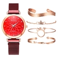 Elegant 5-piece set featuring a red dial quartz watch and rose gold bracelets for women - Red + Bracelet Set