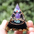 Handmade resin pyramid with amethyst ball, gold foil, and skull motif ornament - Colorful Skull / Small