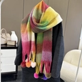 Rainbow plaid winter scarf for women featuring thick knit fabric and colorful tassels - Apple Plaid