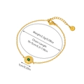 Detail of gold stainless steel bracelet with sunburst green stone charm and size labels - Sunray Green Stone - Bracelet 08