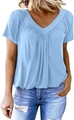 Detail of light blue V-neck top with pleated texture and raglan short sleeves for women - S / Light Blue