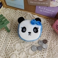 Detailed view of plush panda coin purse with blue bow and fine embroidery details - Blue Panda