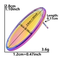 Detail view of oval rainbow stainless steel earrings with size measurements in cm and inches - D78-Oval / Rainbow