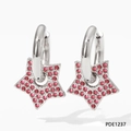 Silver star hoop earrings with pink crystal pendants in a minimalist chic style - Silver Base Pink Rhinestone Style (PDE1237)