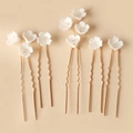 Set of 5 bridal hair pins with white ceramic flowers and crystal centers on gold stems - SHSS5391-5Pcs Set/Gold/Multi-Flower Style