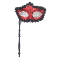 Elegant red sequin Venetian masquerade mask with black lace trim and handheld stick accessory - Sequined Edge Handheld Style / Red