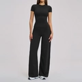 Two-piece black yoga set with high-waist wide-leg pants and short sleeve t-shirt - S / Premium Black