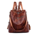 Brown soft PU leather women's backpack with adjustable straps and rivet side pockets - Brown